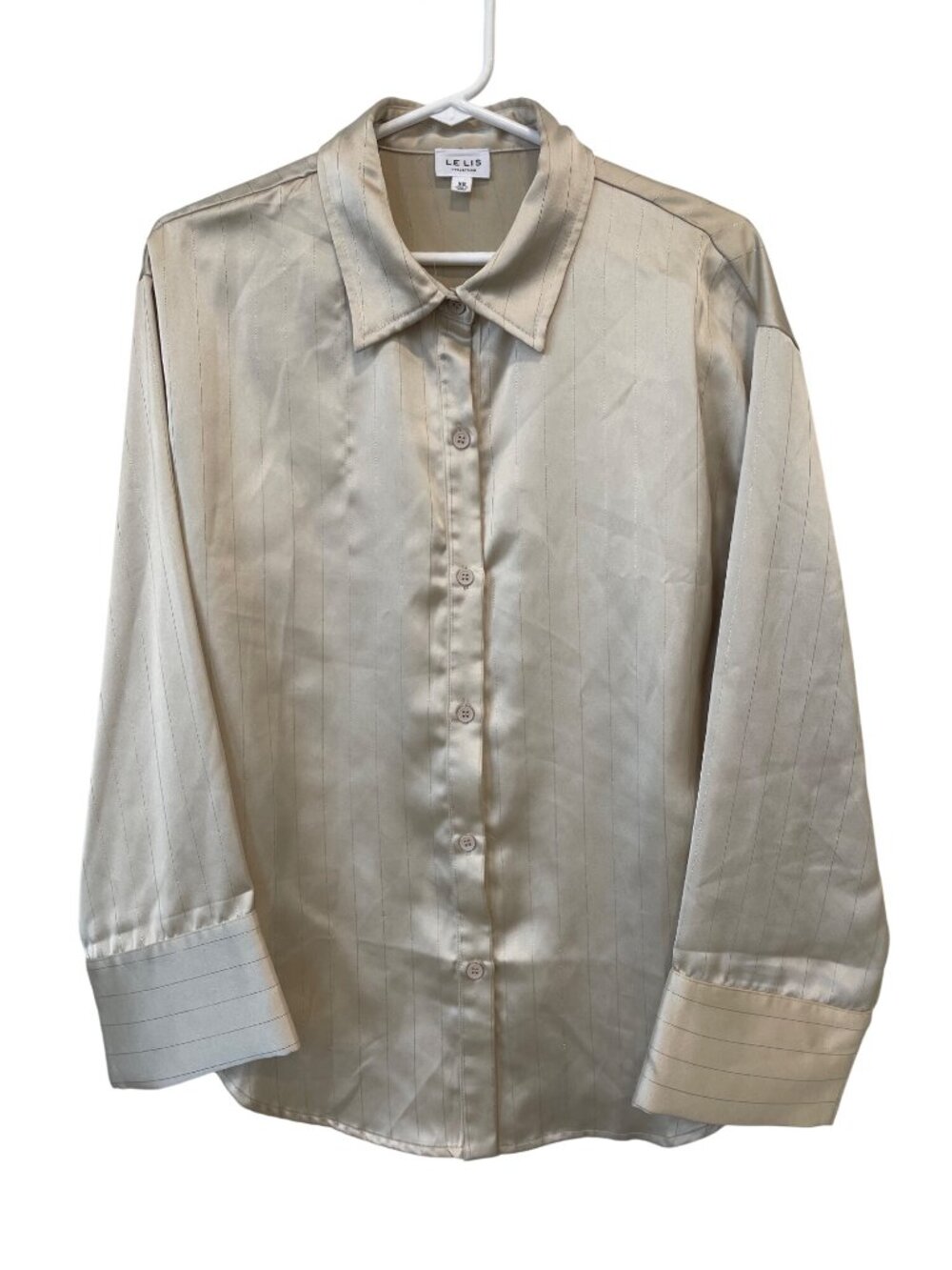 Le Lis Shirt XS Satin Metallic Pinstriped Button Up Long Sleeve Champagne Career